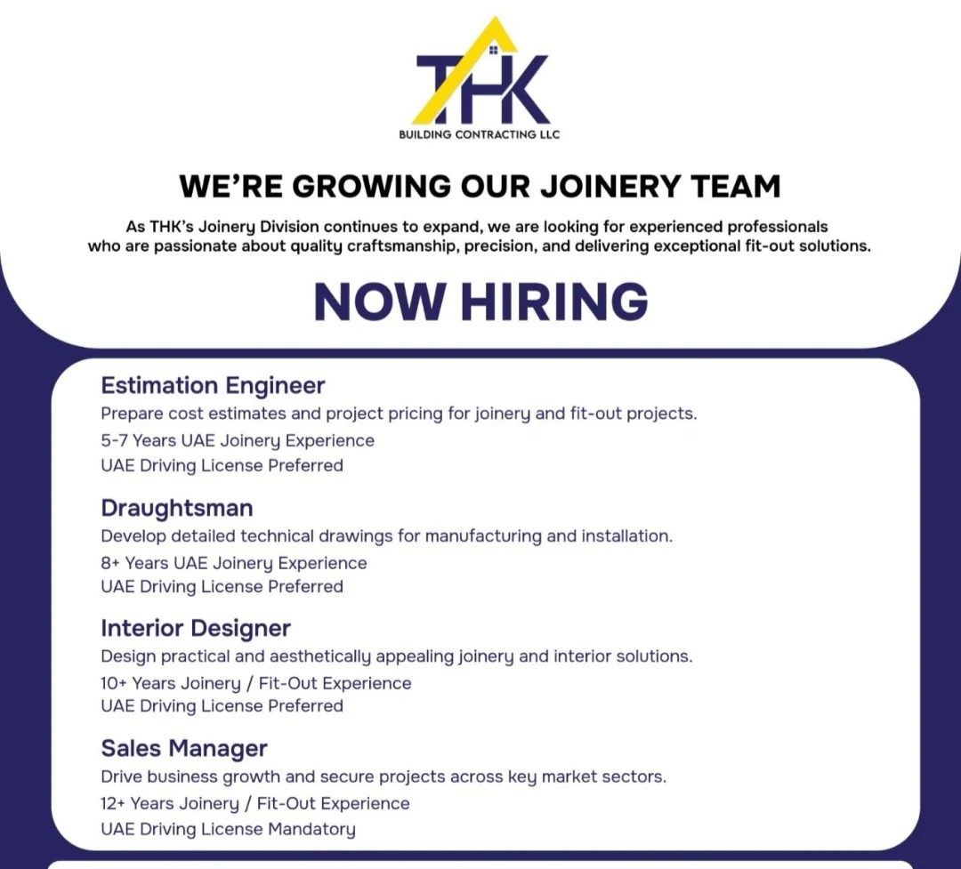 JOINERY & FIT-OUT JOB OPENINGS  in UAE
