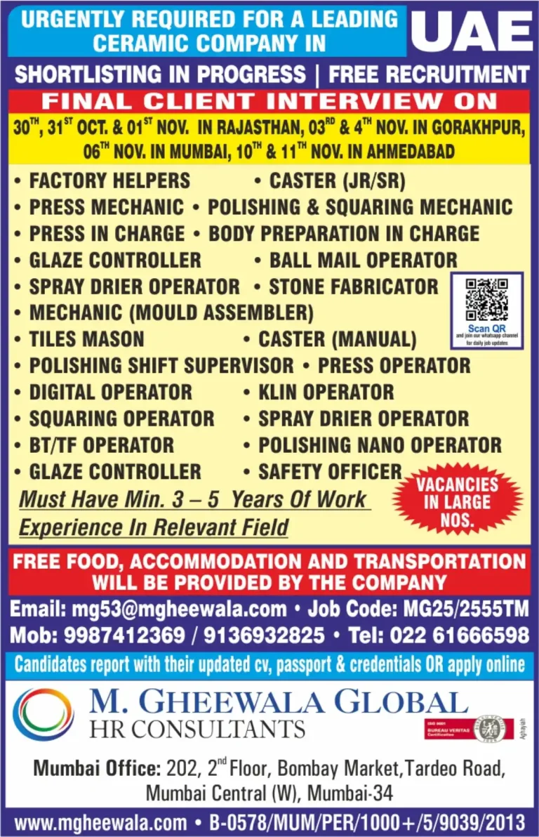 M. Gheewala Global HR – Ceramic Industry Roles (UAE)