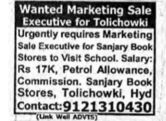 Marketing Sales Executive Required in Tolichowki
