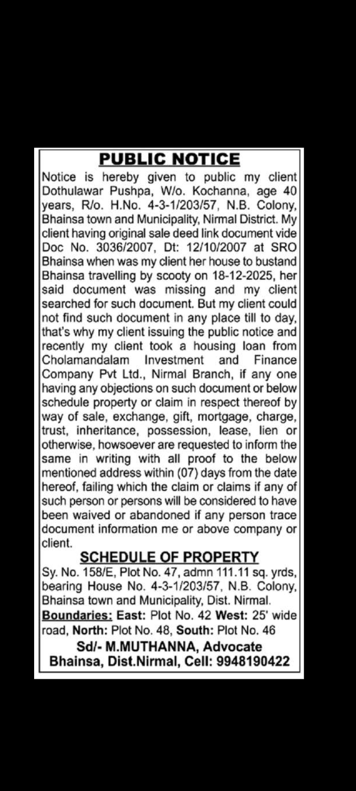 MISSING PROPERTY DOCUMENT & HOUSING LOAN NOTICE