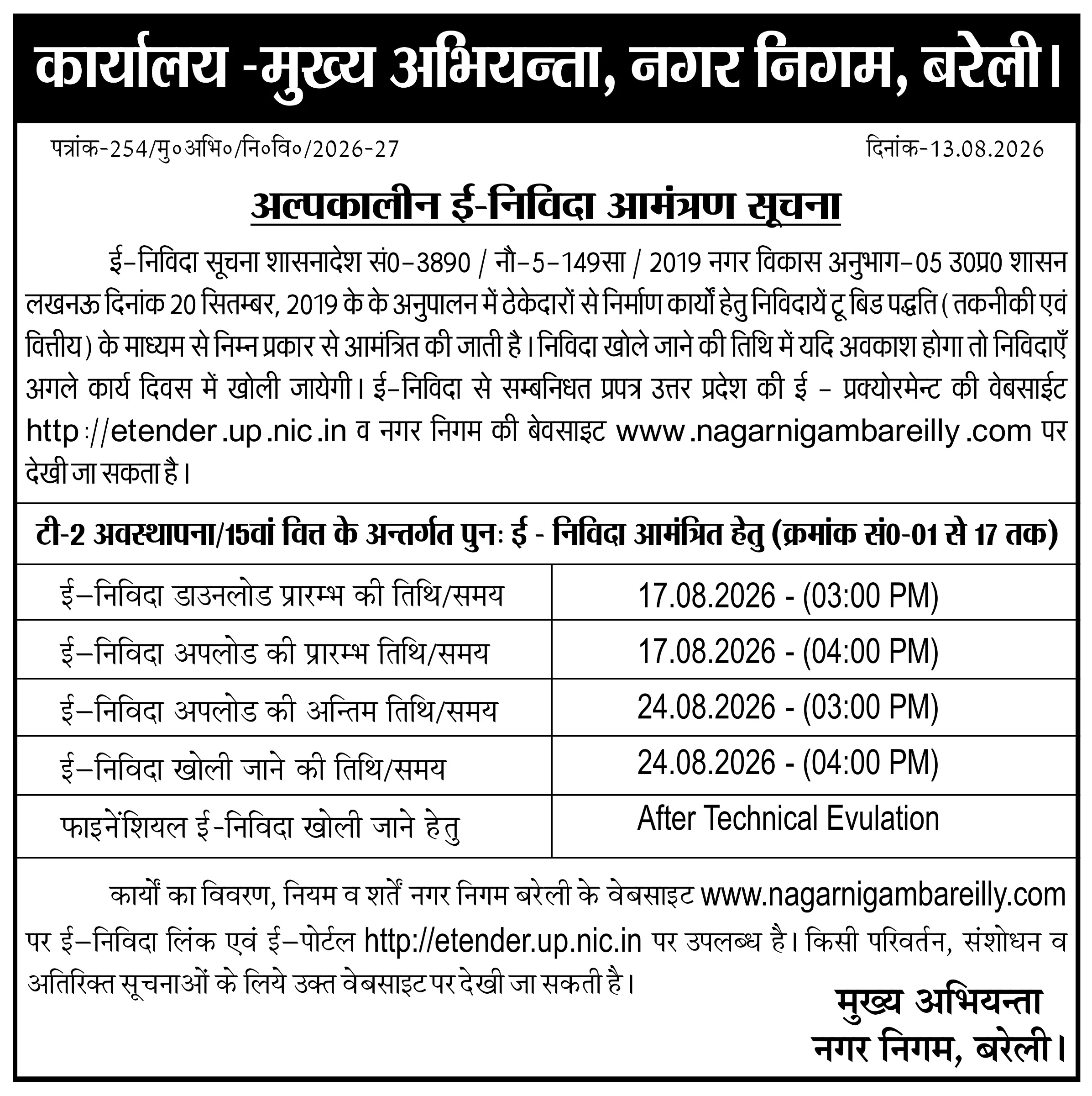 Nagar Nigam Bareilly – Short-Term E-Tender Notice