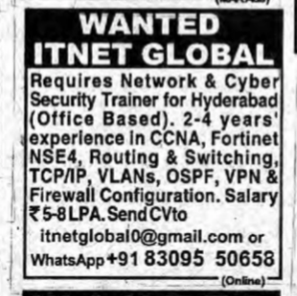 Network & Cyber Security Trainer Required in Hyderabad