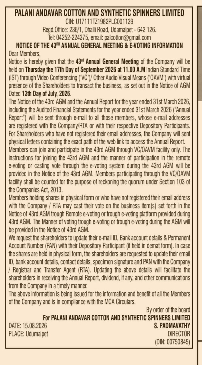 Notice of 43rd Annual General Meeting of Palani Andavar Cotton and Synthetic Spinners Limited