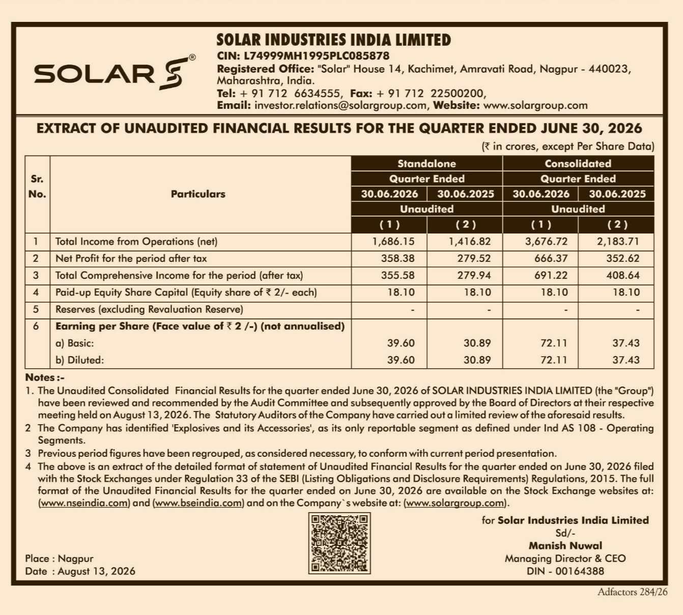Notice  – Unaudited Financial Results for the Quarter Ended June 30, 2026