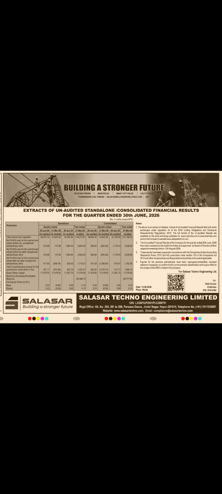 NOTICE – Unaudited Financial Results for the Quarter Ended June 30, 2026