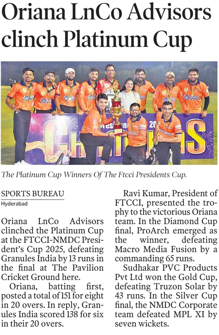 Oriana LnCo Advisors Clinch Platinum Cup at FTCCI President’s Cup 2025 🏏🏆