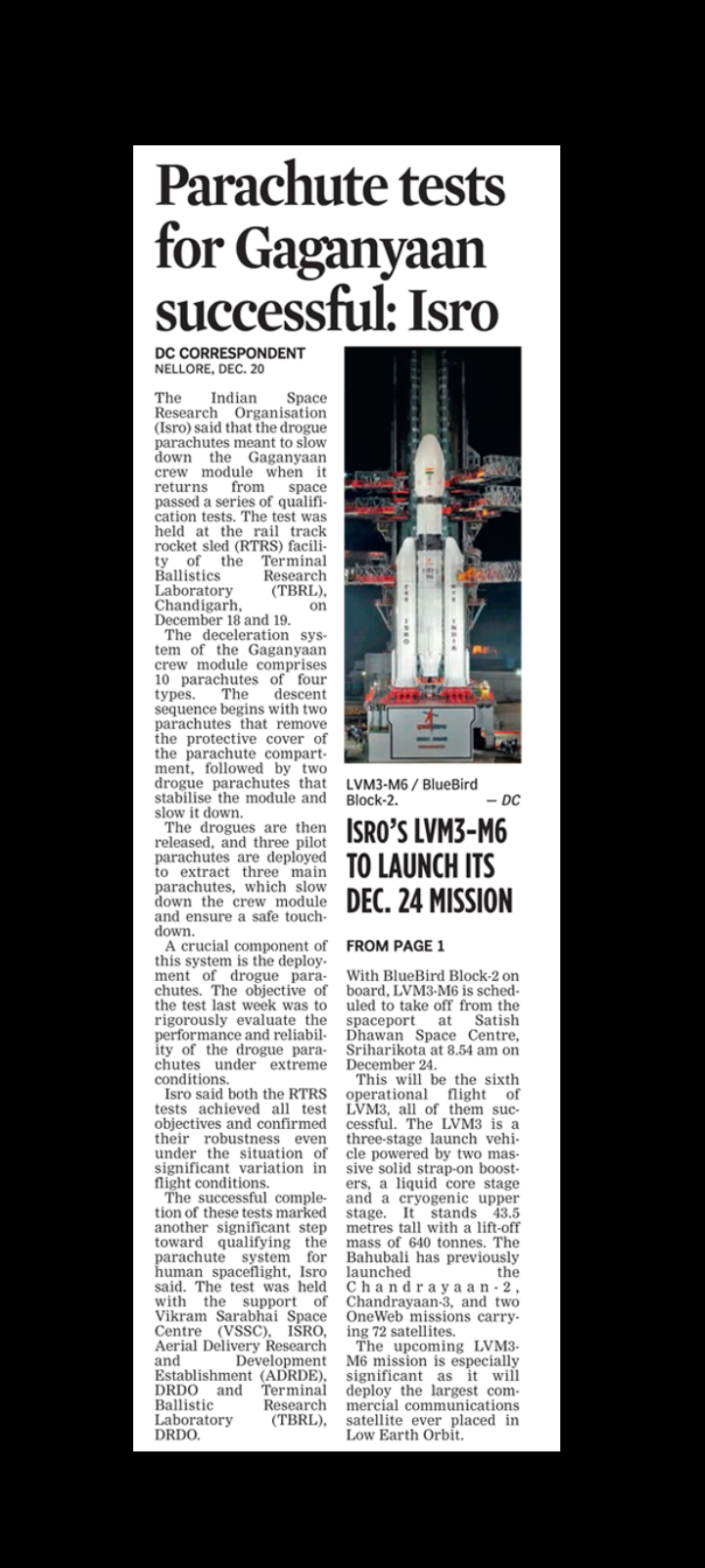 Parachute Tests for Gaganyaan Crew Module Successful