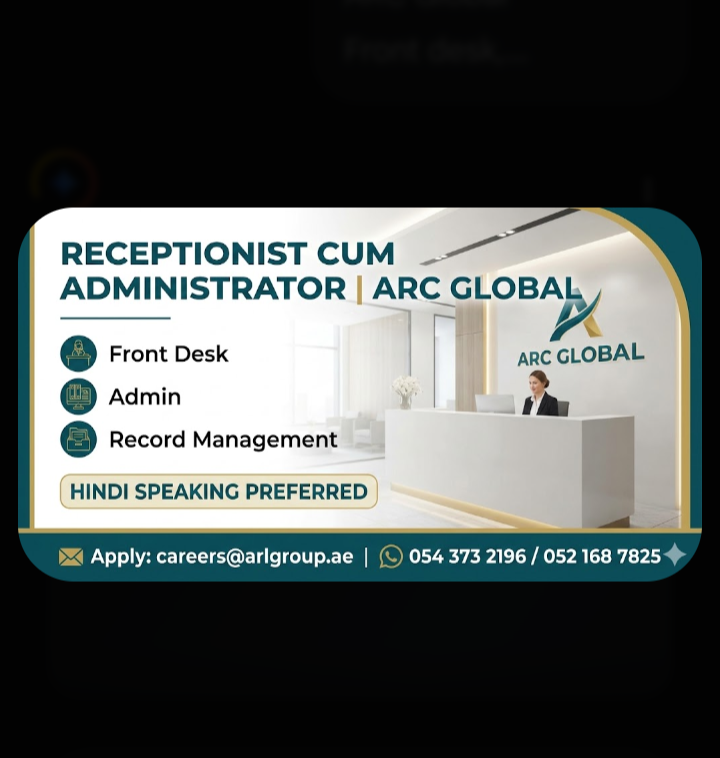 Receptionist cum Administrator job opportunity at Dubai
