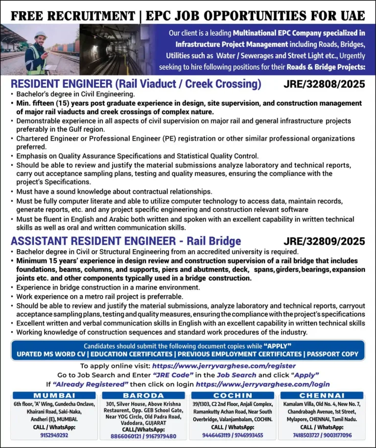 Resident Engineers – Roads, Bridges & Rail (UAE)