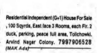 Residential Independent House for Sale in Tolichowki