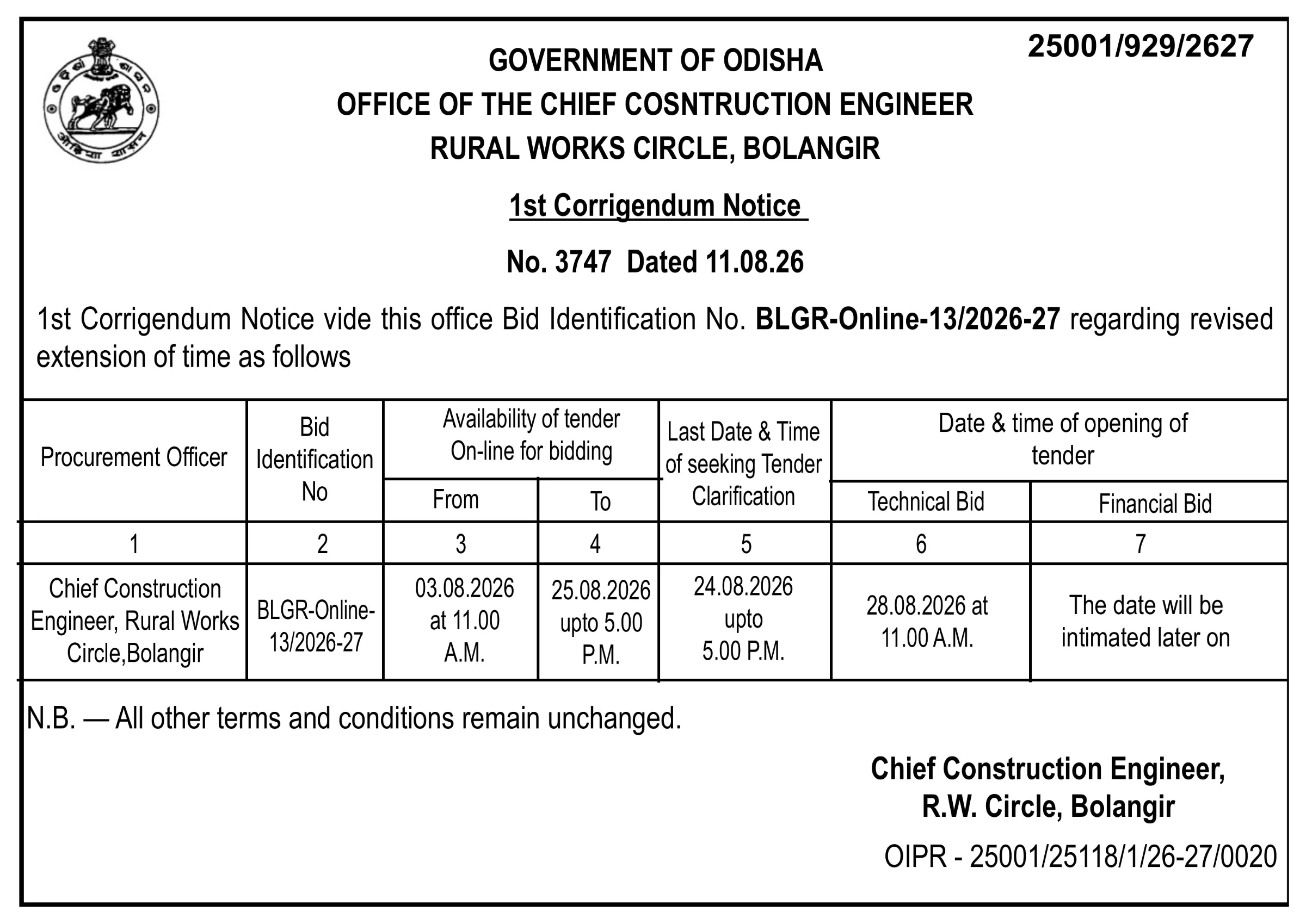 1st Corrigendum Notice : extension of time