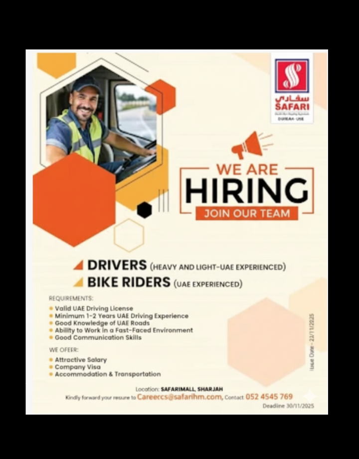 Safari Hypermarket Sharjah UAE – Recruitment 2025: Drivers & Bike Riders