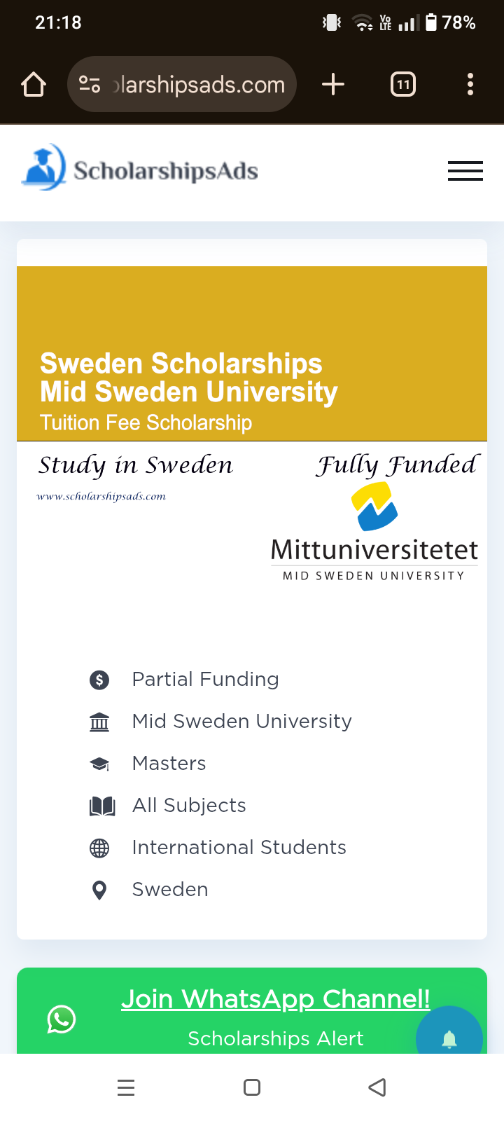 scholarship for any degree in sweden