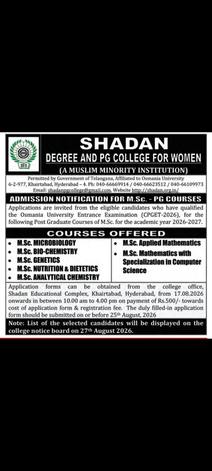 Shadan Degree and PG College for Women – M.Sc. Admissions 2026–27