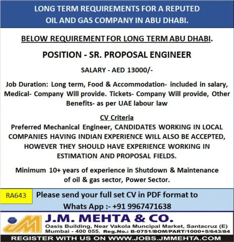 Sr. Proposal Engineer – Abu Dhabi (J.M. MEHTA & CO.)
