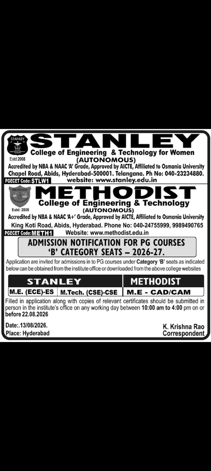 Stanley & Methodist Colleges Admission - Category 'B' PG Seats available