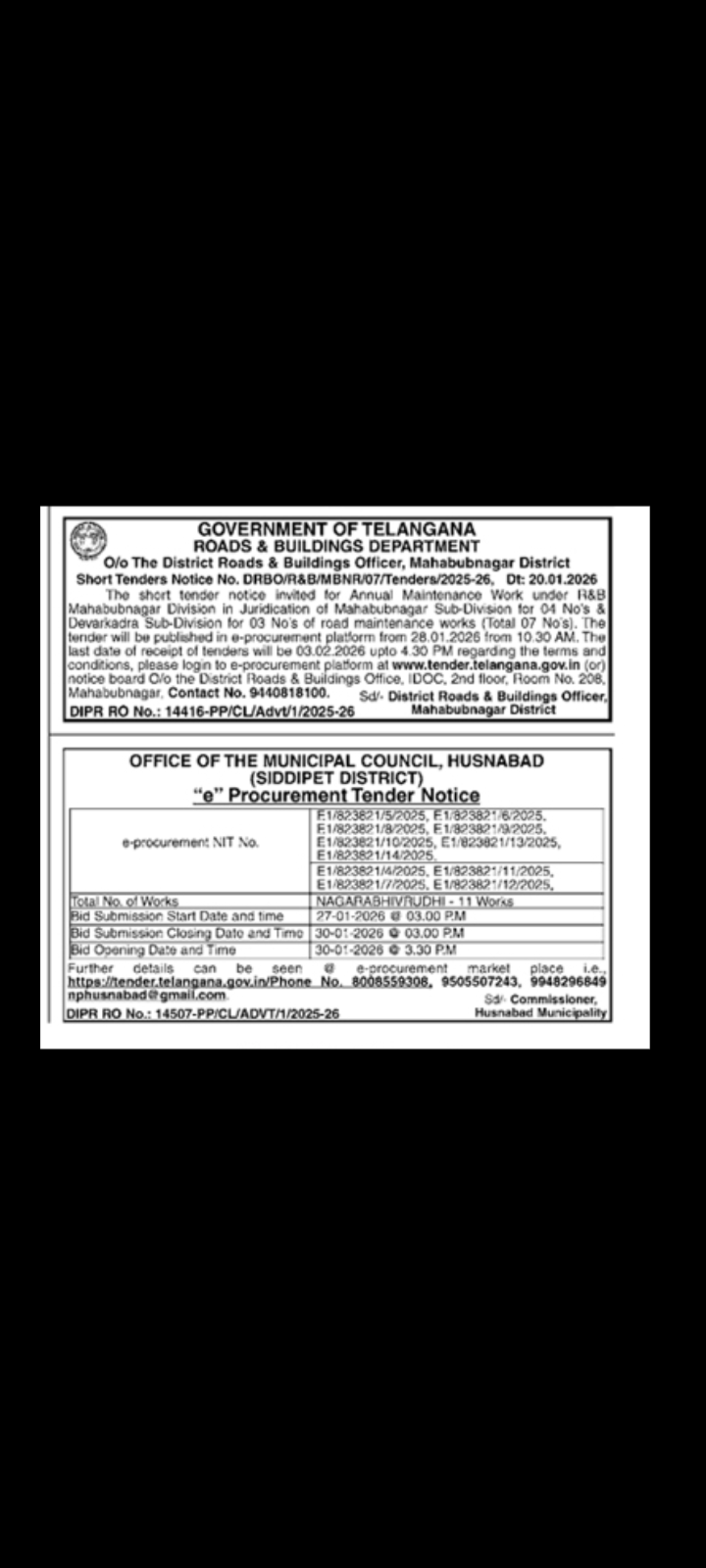Telangana Tender Notices