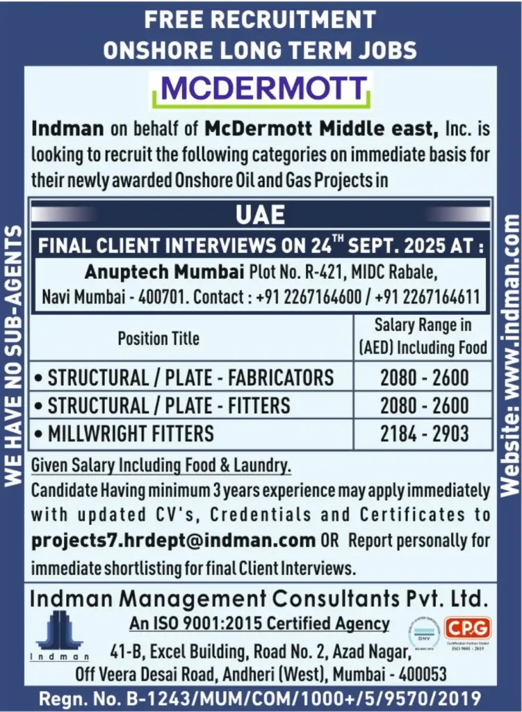 UAE – Onshore Long-Term Jobs (McDermott – INDMAN)