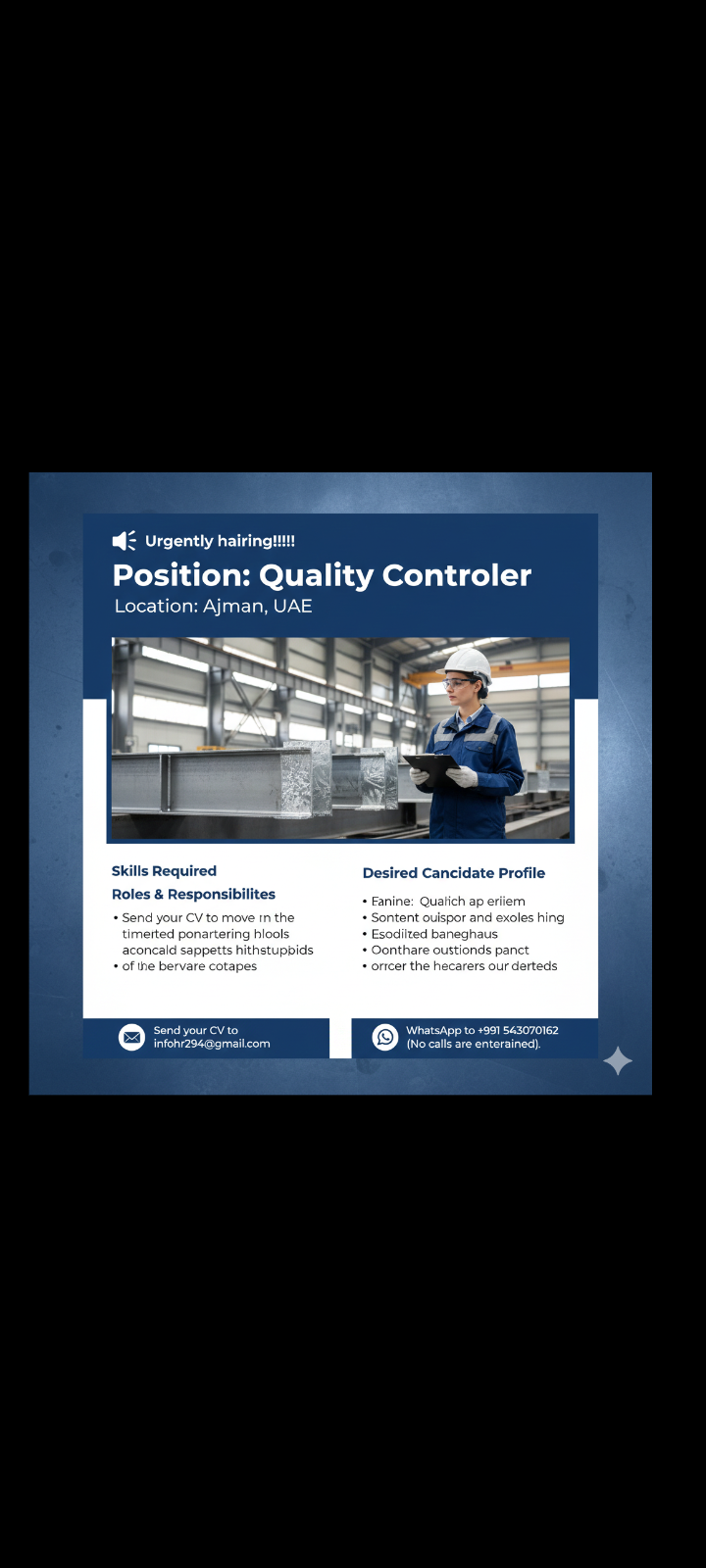 📢 Urgent Hiring – Quality Controller | Ajman, UAE