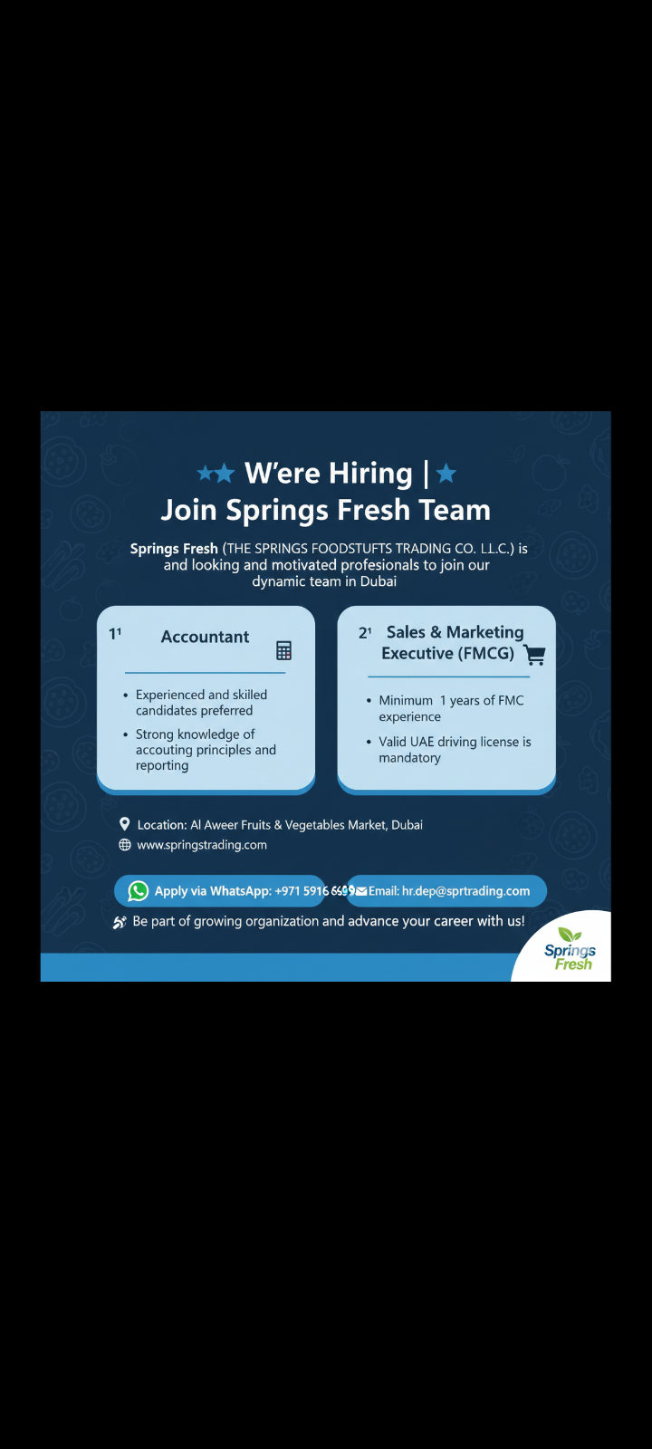 🌟 We’re Hiring | Springs Fresh – Dubai