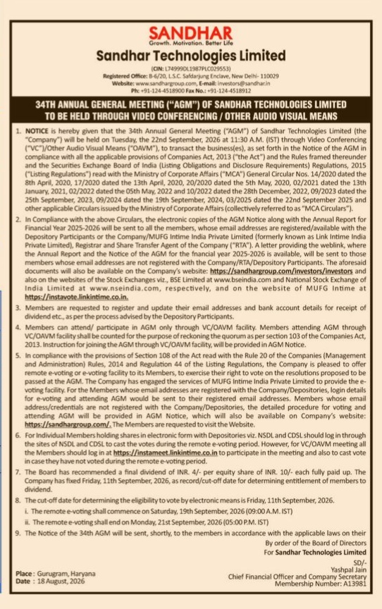 34th AGM Notice of Sandhar Technologies Limited