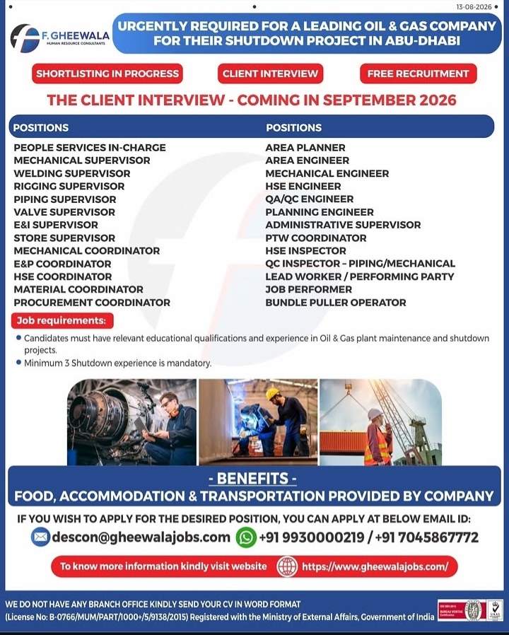 Abu Dhabi Oil & Gas Jobs: September 2026 Walk-in Interviews