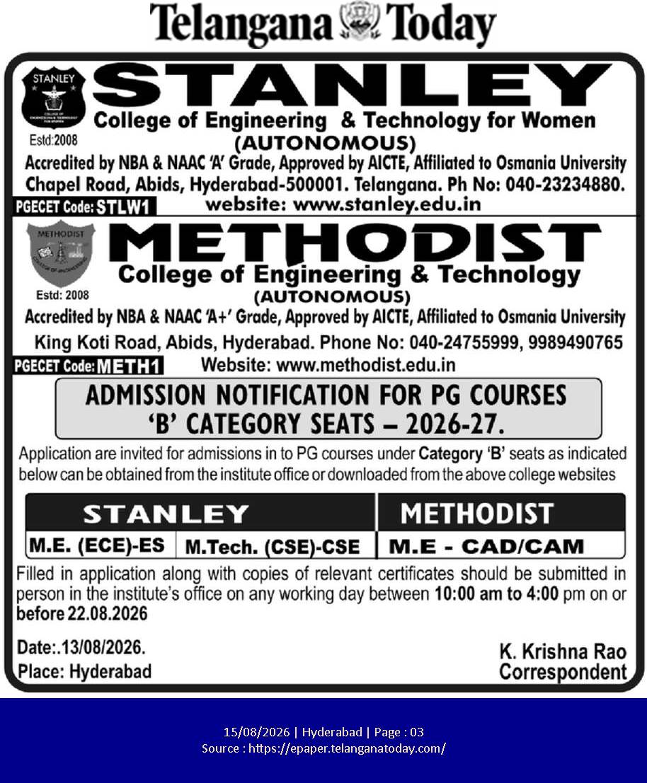 Admission Notification for PG Courses 'B' Category Seats – 2026-27 (Stanley & Methodist Colleges)