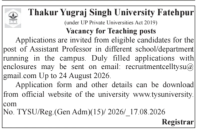 Advertisement for Assistant Professor Vacancies at Thakur Yugraj Singh University