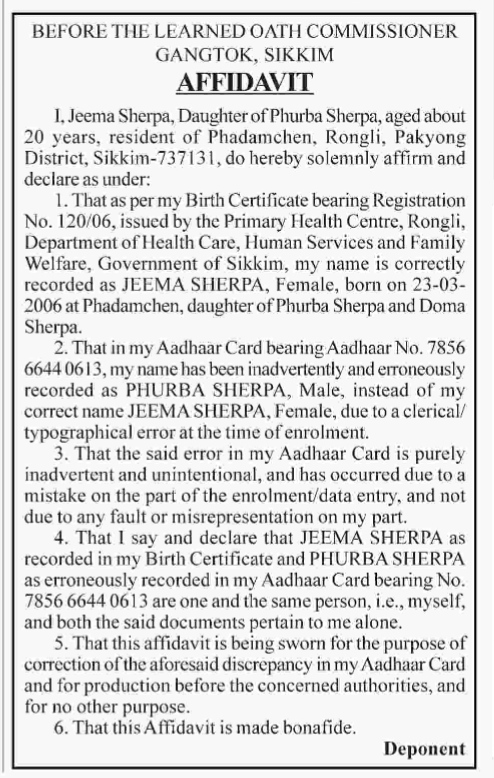 Affidavit for Name and Gender Correction in Aadhaar Card.