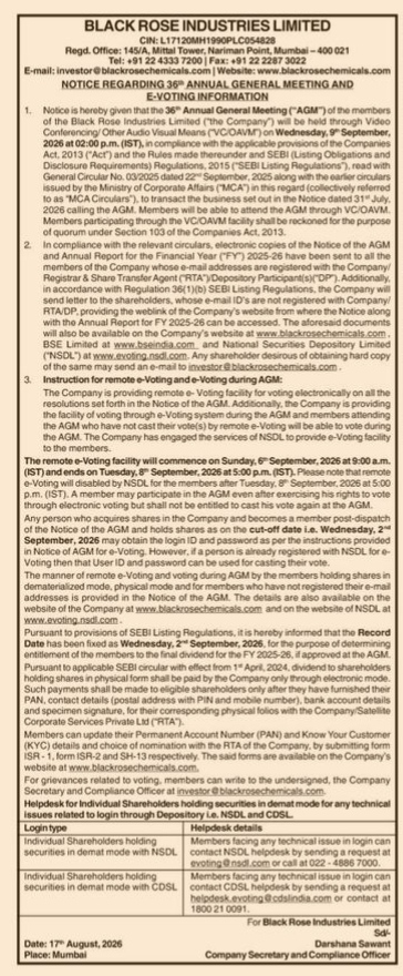 AGM and e-Voting Notice: Black Rose Industries Limited