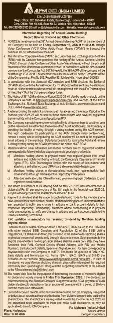 Alpha Geo (India) Limited 39th AGM & Dividend Notice