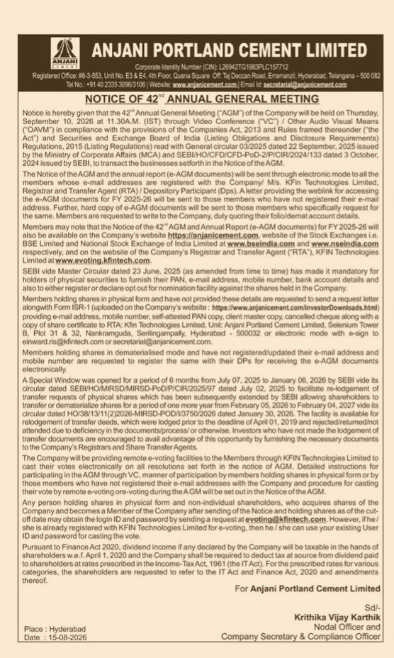 Anjani Portland Cement Limited - Notice of 42nd Annual General Meeting