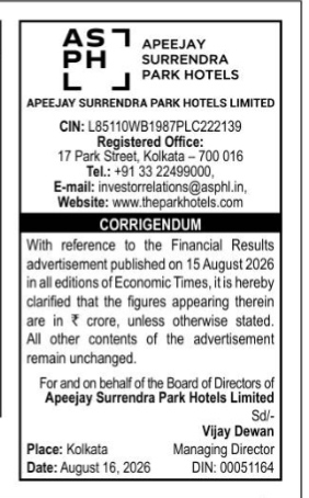 Apeejay Surrendra Park Hotels Limited Corrigendum (August 16, 2026)