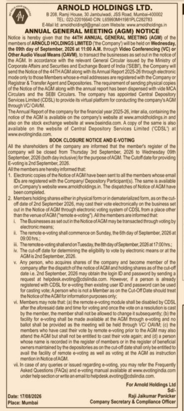 Arnold Holdings Ltd. 44th Annual General Meeting (AGM) Notice