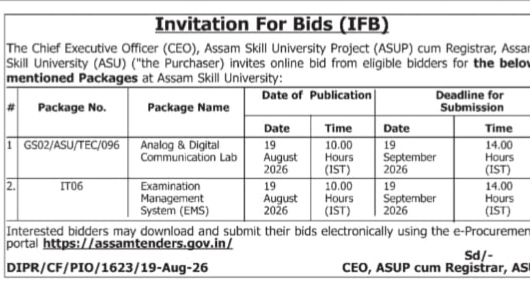 Assam Skill University Invitation For Bids (IFB)