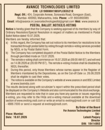 Avance Technologies Limited: Postal Ballot and E-Voting Notice