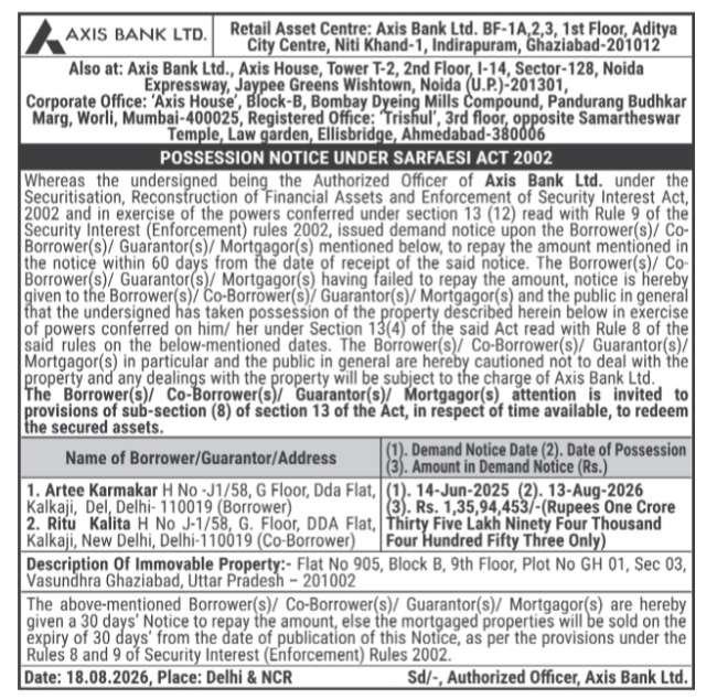 Axis Bank Possession Notice under SARFAESI Act 2002