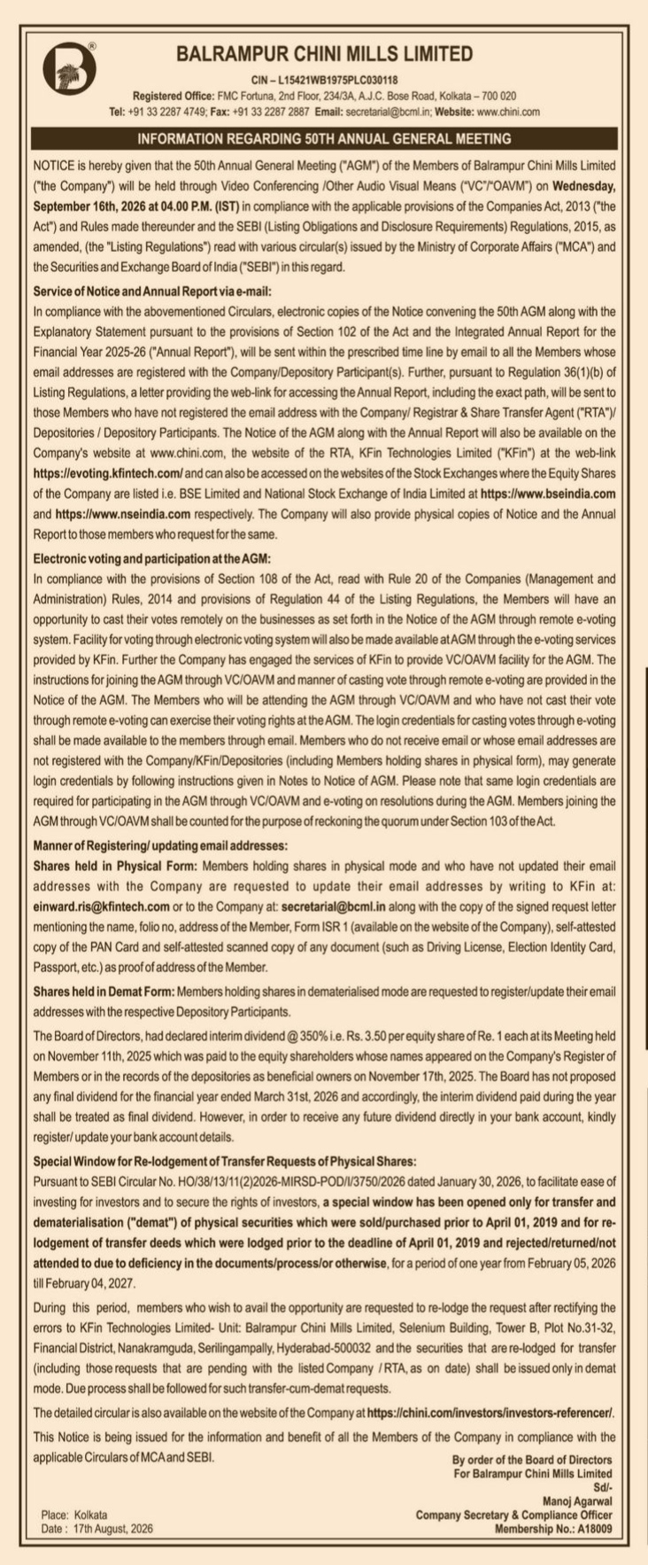 Balrampur Chini Mills Limited 50th AGM Notice