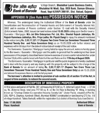 Bank of Baroda Possession Notice for Charkop Chetan CHS Property
