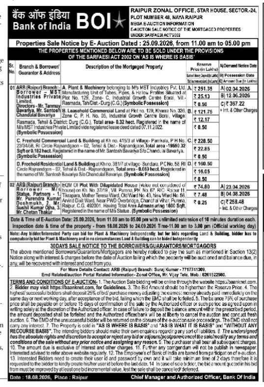 Bank of India Mega E-Auction Sale Notice (Raipur Zonal Office)
