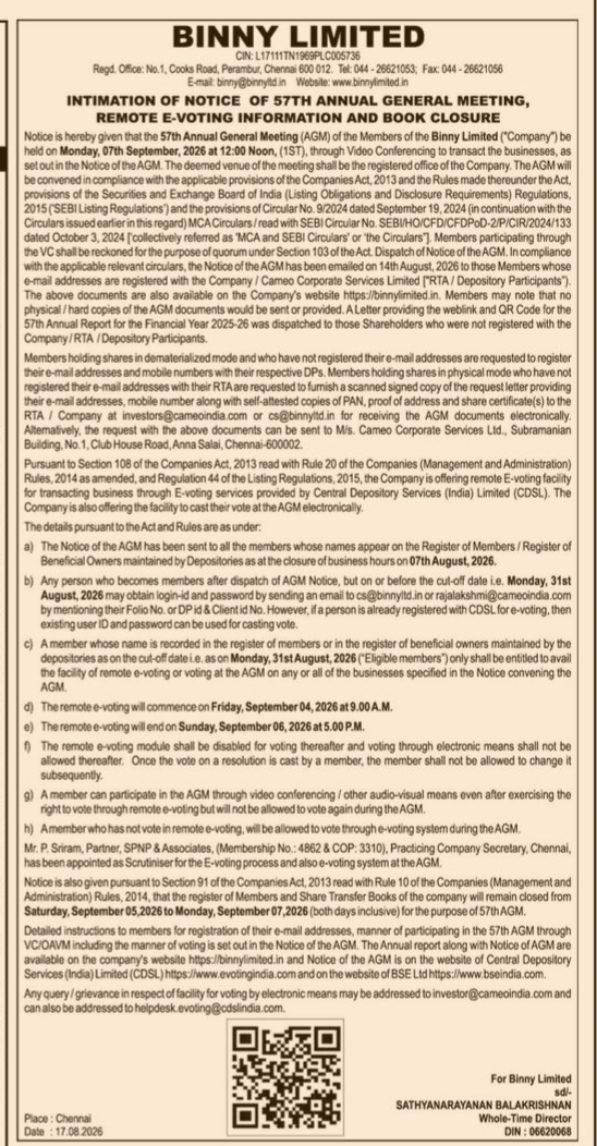 Binny Limited 57th Annual General Meeting (AGM) Notice
