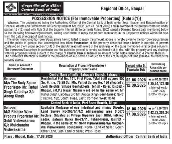 Central Bank of India Possession Notice
