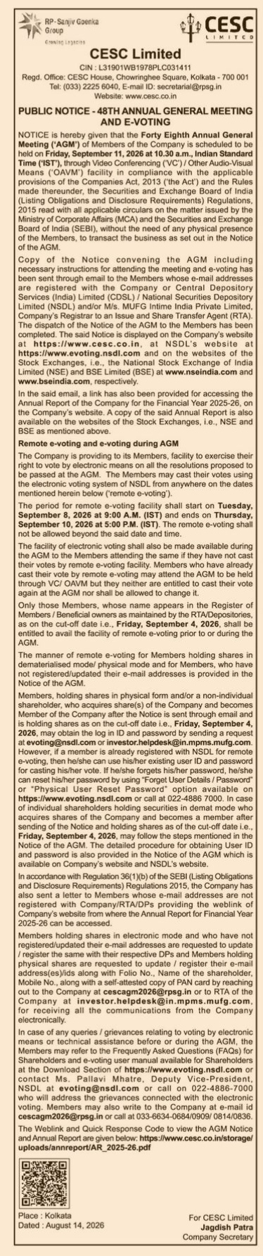 CESC Limited 48th Annual General Meeting Public Notice