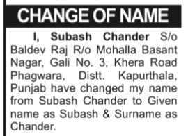CHANEG OF NAME NOTICE- - SUBASH
