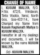 change of name advertisement -KUSUM RAGHUNATH MALLYA