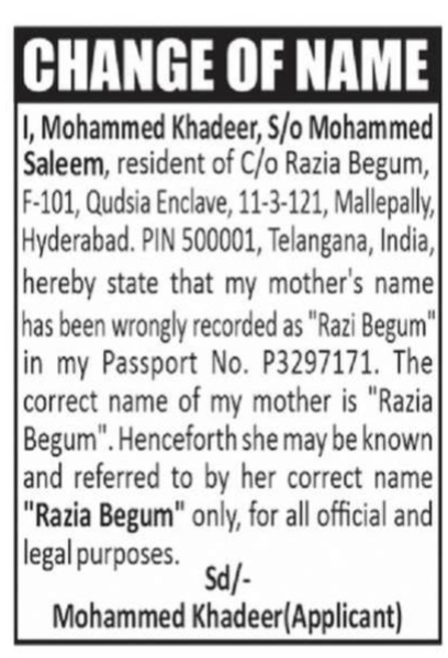 Change of Name Advertisement- Mohamed khadeer