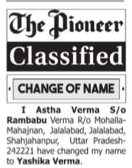 CHANGE OF NAME NOTICE - ASTHA VERMA