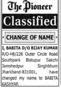 CHANGE OF NAME NOTICE- BABITA