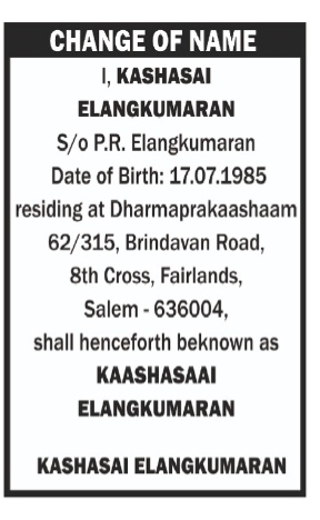 CHANGE OF NAME NOTICE-KASHASAI ELANGKUMARAN