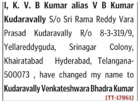 CHANGE OF NAME NOTICE- KUDARAVALLY VENKATESHWARA BHADRA
